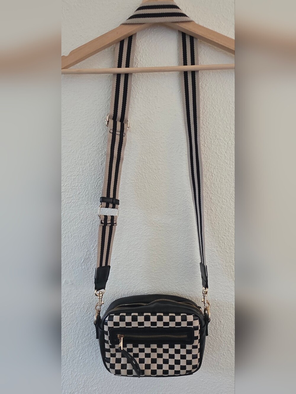 Universal Thread Black and Cream Checker Crossbody Bag with Striped Strap